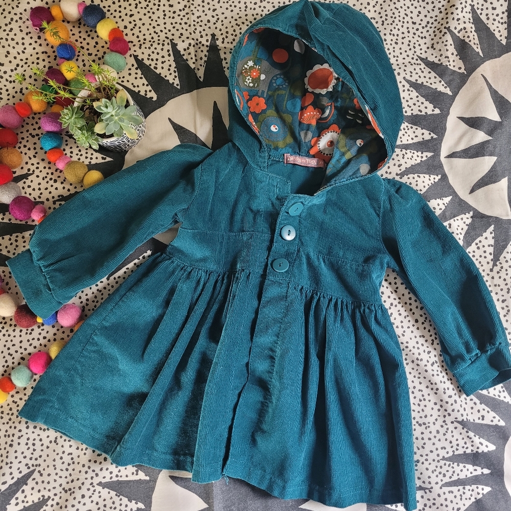 Jelly the pug teal corduroy hooded coat with floral  print inside hood